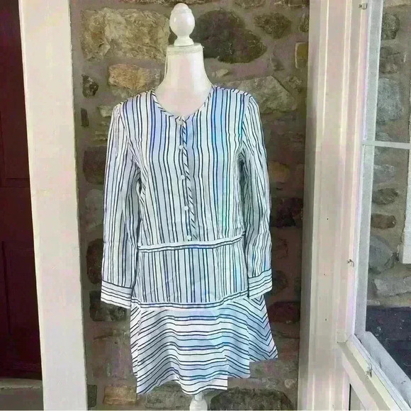 Alexis Nicholina Amalfi Blue Stripe Long Sleeve Ruffle Mini Dress Women’s Medium - Picture 4 of 15
